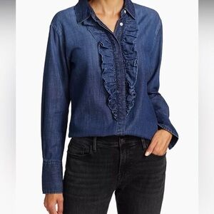 Frame Denim Blue Ruffled Tuxedo Shirt Blouse Top Women’s Medium